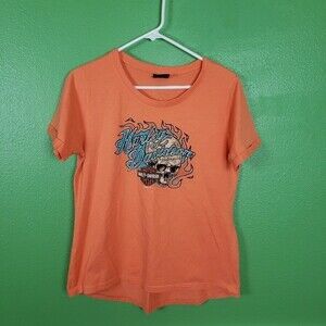 Harley Davidson Women's Orange Blue Rhinestone Short Sleeve T-Shirt Size XL